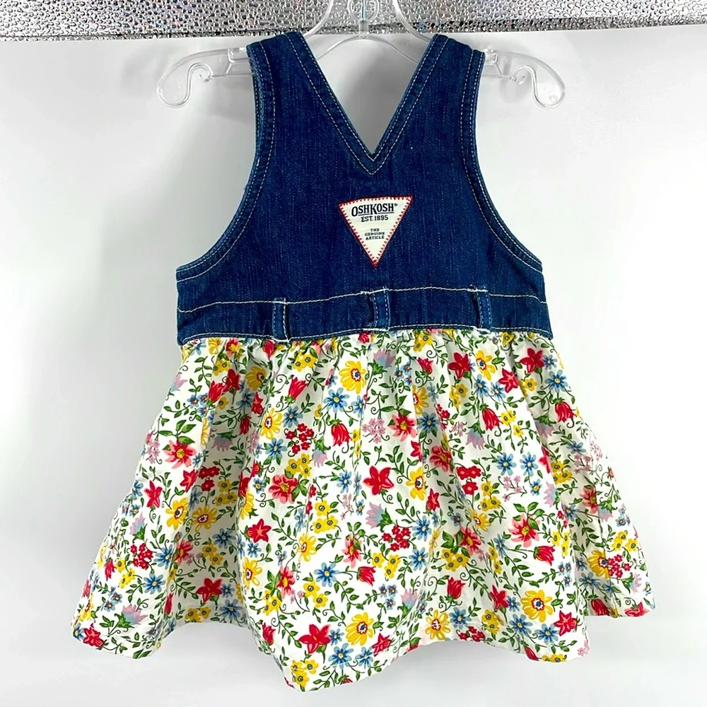 Vintage Oshkosh floral and denim 3 patch pocket overall dress Size 18M